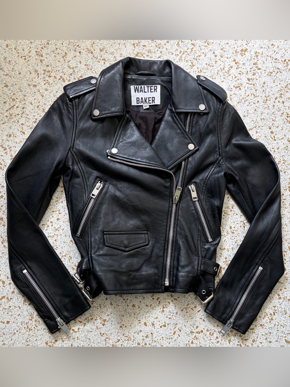 WALTER BAKER BLACK LAMBSKIN LEATHER MOTO BIKER JACKET - WOMEN’S SIZE XS
